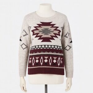American Eagle Sweater Womens M Beige Burgundy‎ Aztec Knit Pullover Winter